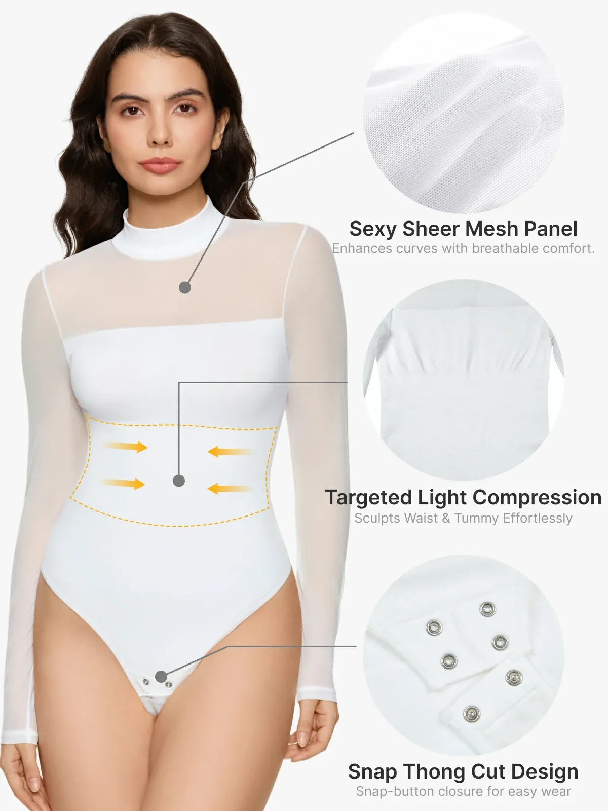 Women Sheer Mesh Long Sleeve Thong Shapewear Bodysuits