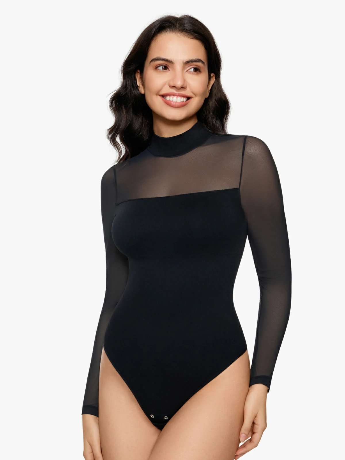 Women Sheer Mesh Long Sleeve Thong Shapewear Bodysuits