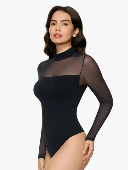 Women Sheer Mesh Long Sleeve Thong Shapewear Bodysuits