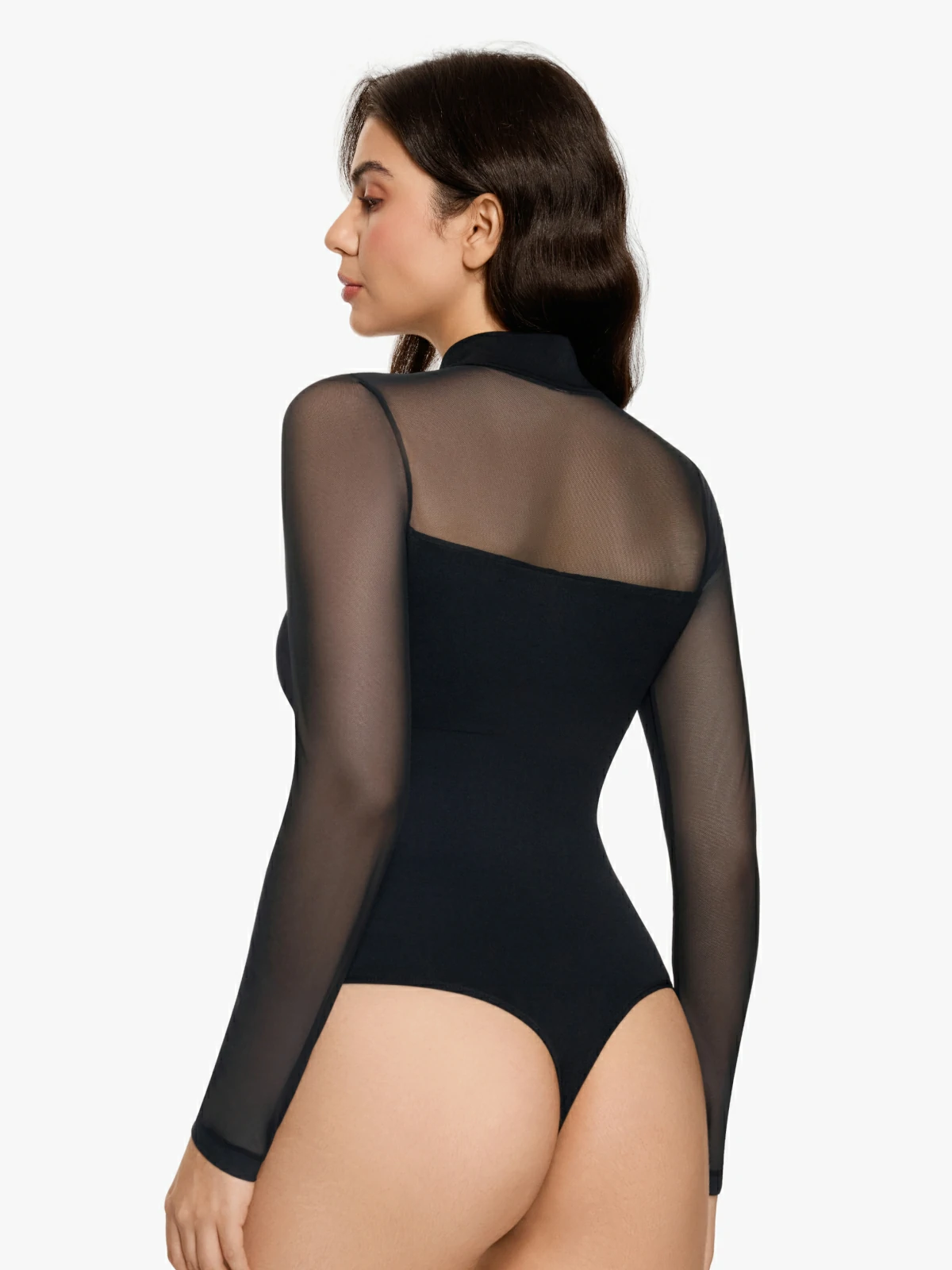 Women Sheer Mesh Long Sleeve Thong Shapewear Bodysuits