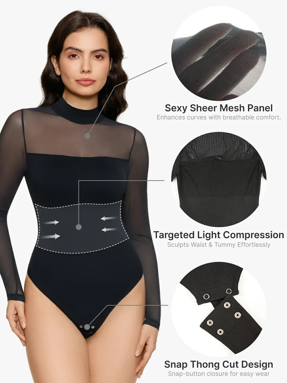 Women Sheer Mesh Long Sleeve Thong Shapewear Bodysuits