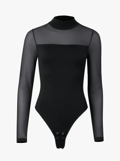 Women Sheer Mesh Long Sleeve Thong Shapewear Bodysuits