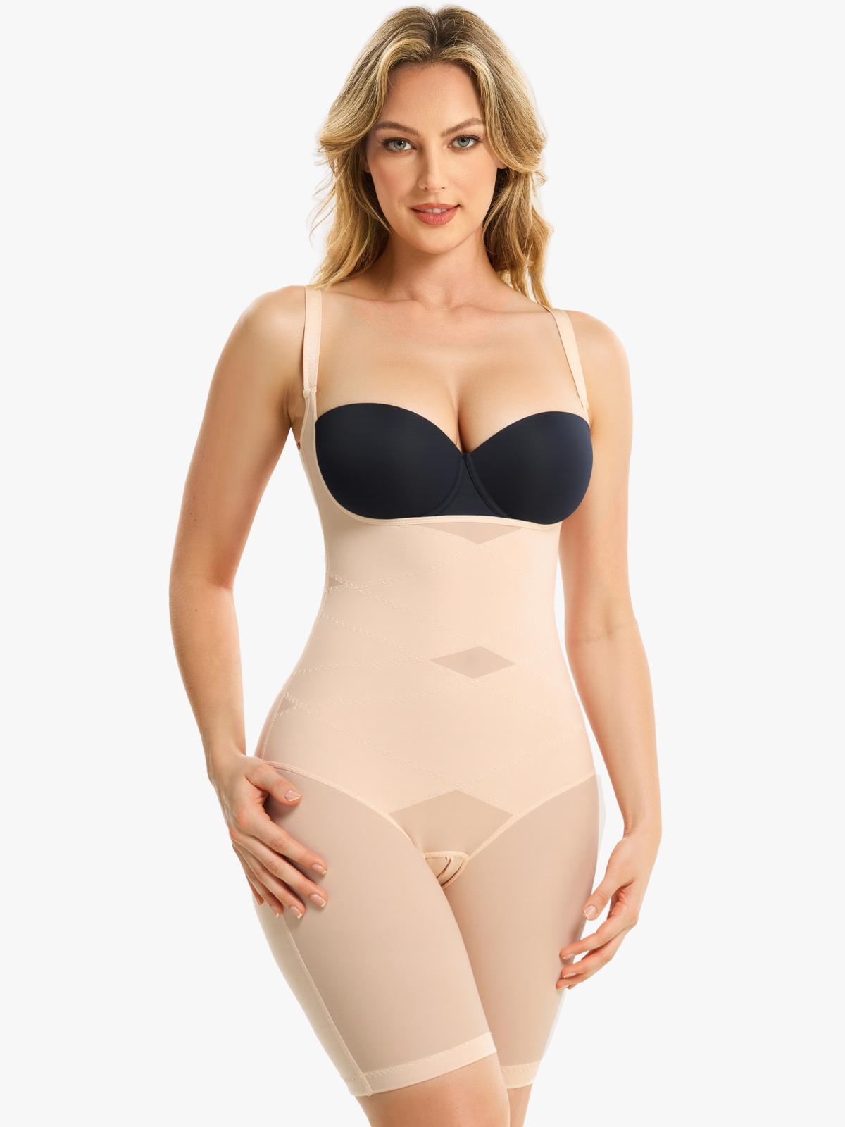 Women Mesh Open Bust Tummy Control Mid Thigh Bodysuit
