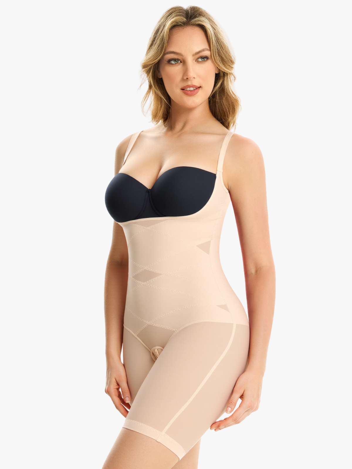 Women Mesh Open Bust Tummy Control Mid Thigh Bodysuit