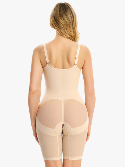 Women Mesh Open Bust Tummy Control Mid Thigh Bodysuit