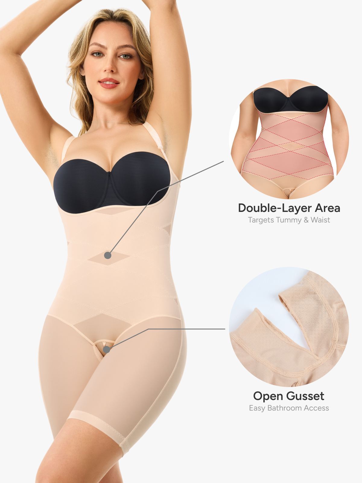 Women Mesh Open Bust Tummy Control Mid Thigh Bodysuit