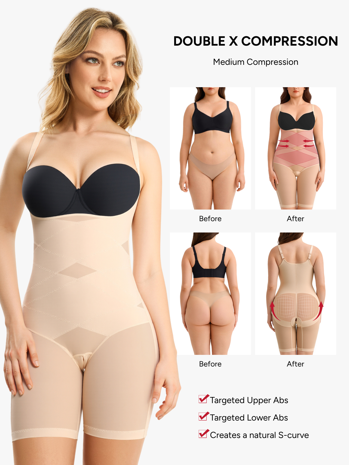 Women Mesh Open Bust Tummy Control Mid Thigh Bodysuit