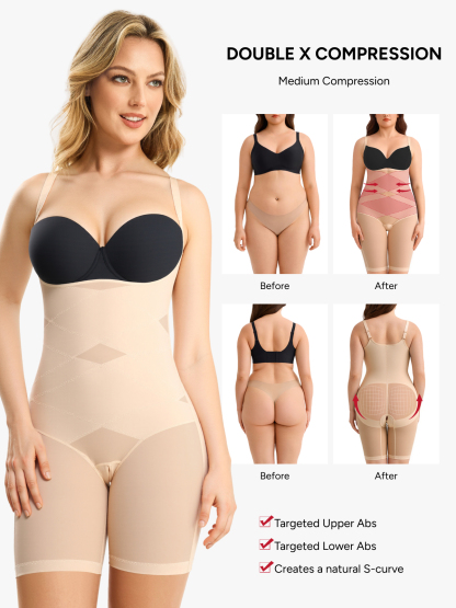 Women Mesh Open Bust Tummy Control Mid Thigh Bodysuit
