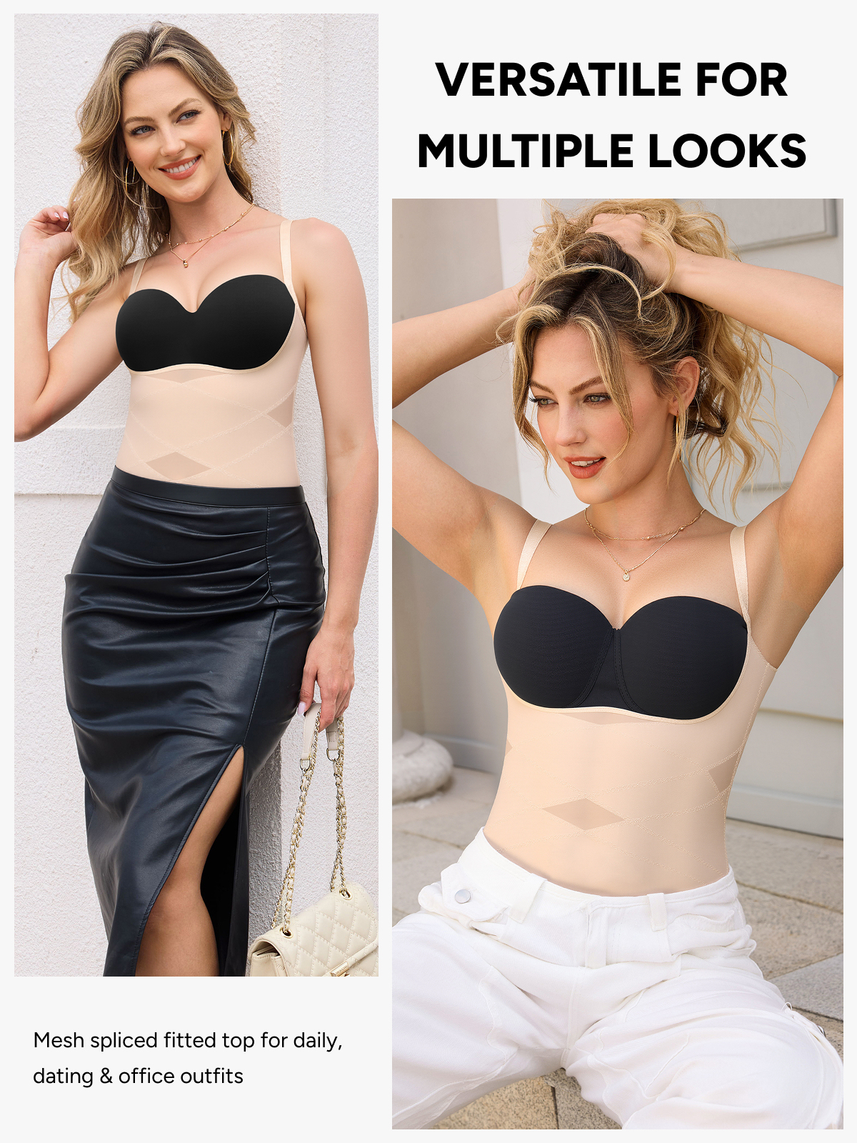 Women Mesh Open Bust Tummy Control Mid Thigh Bodysuit