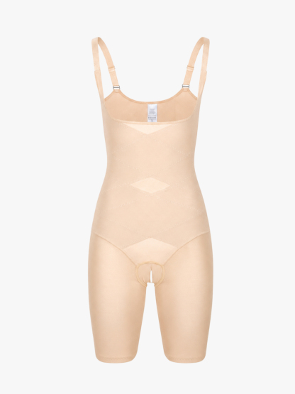 Women Mesh Open Bust Tummy Control Mid Thigh Bodysuit