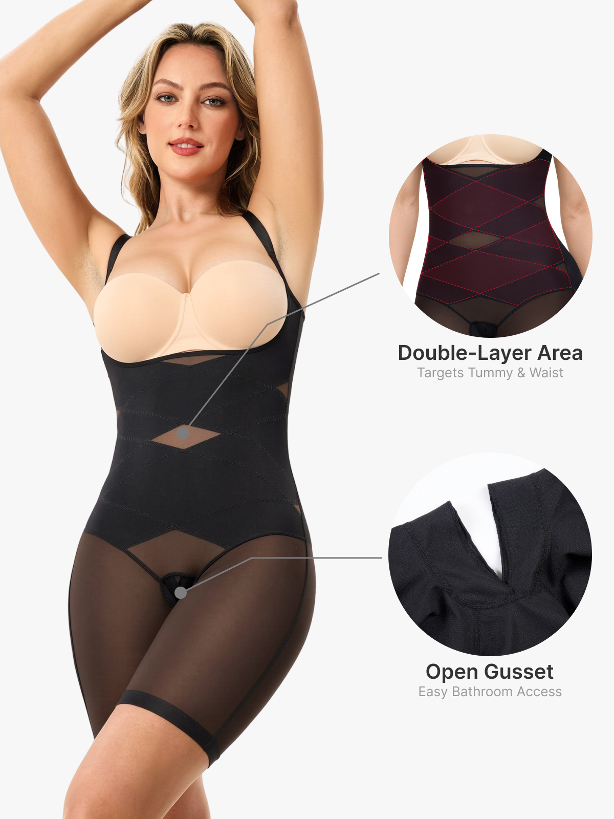 Women Mesh Open Bust Tummy Control Mid Thigh Bodysuit