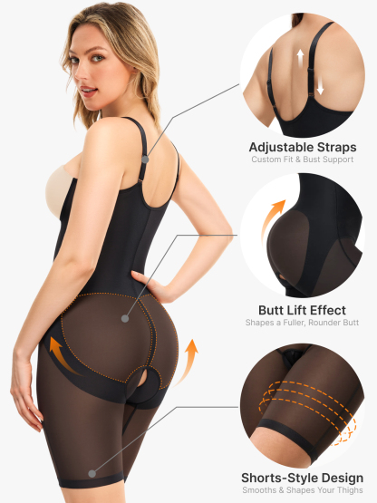 Women Mesh Open Bust Tummy Control Mid Thigh Bodysuit
