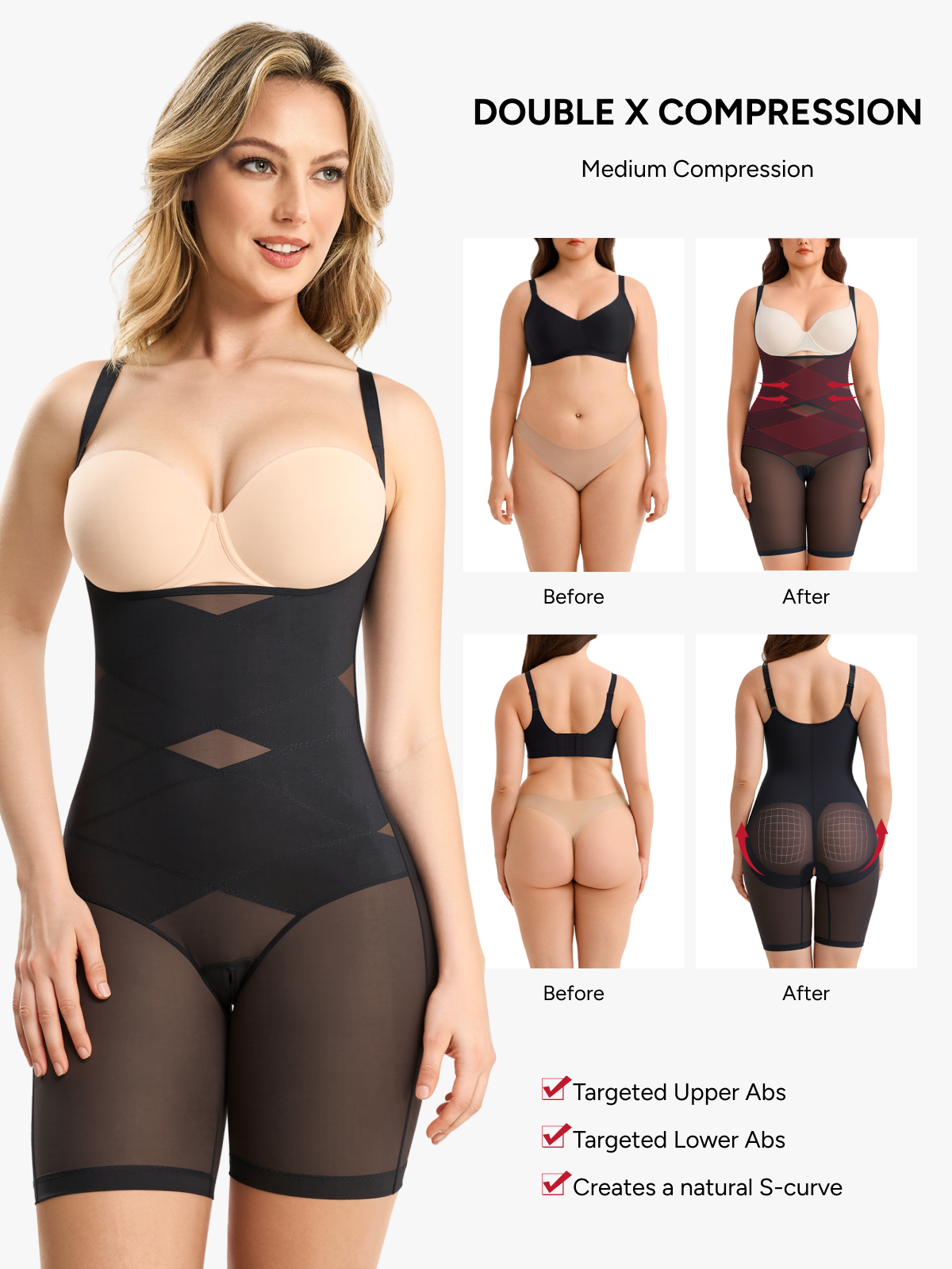 Women Mesh Open Bust Tummy Control Mid Thigh Bodysuit