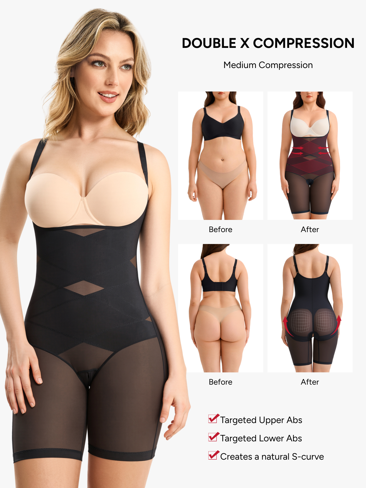 Women Mesh Open Bust Tummy Control Mid Thigh Bodysuit
