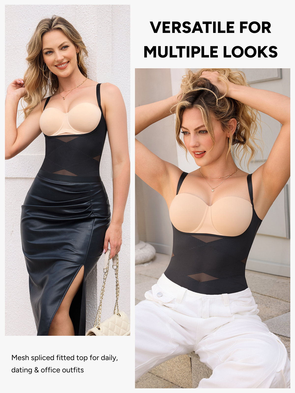 Women Mesh Open Bust Tummy Control Mid Thigh Bodysuit