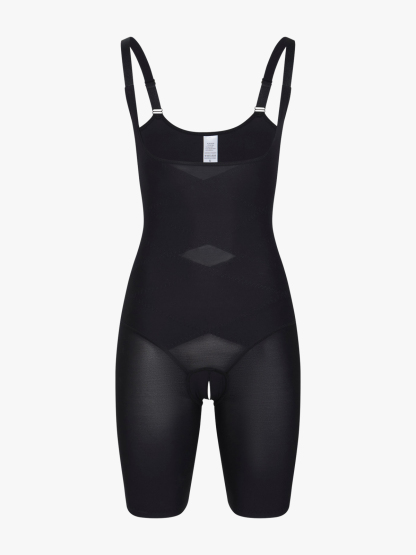 Women Mesh Open Bust Tummy Control Mid Thigh Bodysuit