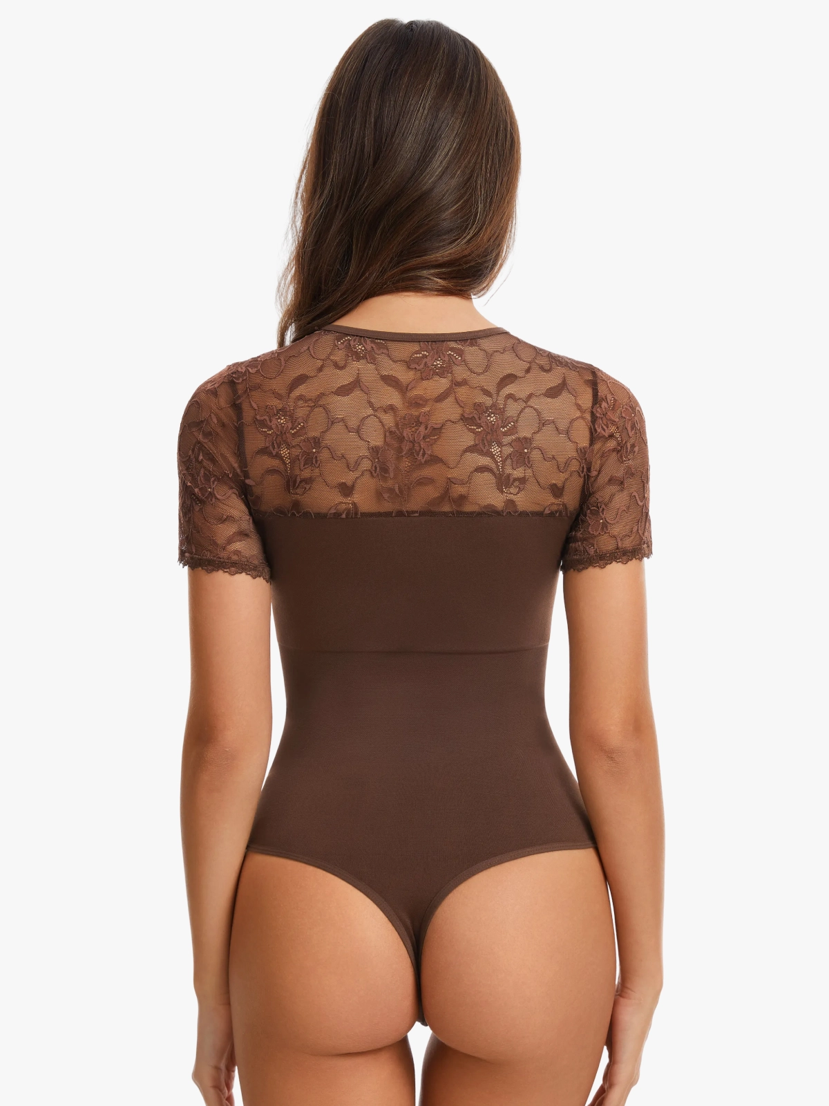 Women Seamless Lace Tummy Control Short Sleeves Thong Bodysuit