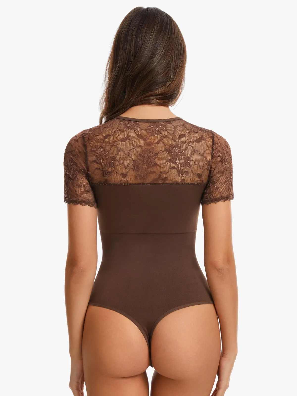 Women Seamless Lace Tummy Control Short Sleeves Thong Bodysuit