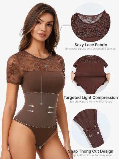 Women Seamless Lace Tummy Control Short Sleeves Thong Bodysuit