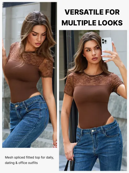 Women Seamless Lace Tummy Control Short Sleeves Thong Bodysuit