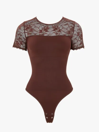 Women Seamless Lace Tummy Control Short Sleeves Thong Bodysuit