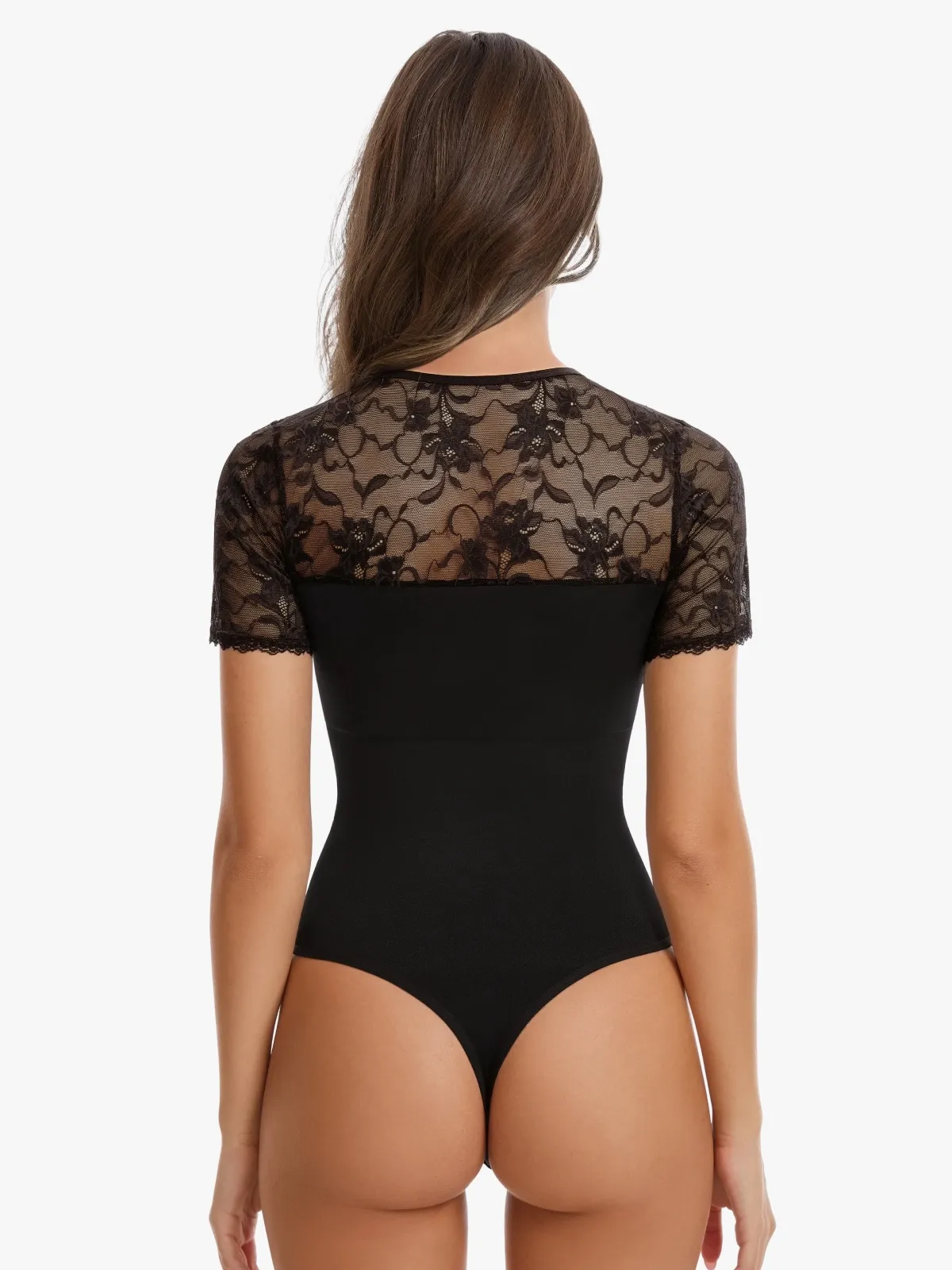 Women Seamless Lace Tummy Control Short Sleeves Thong Bodysuit