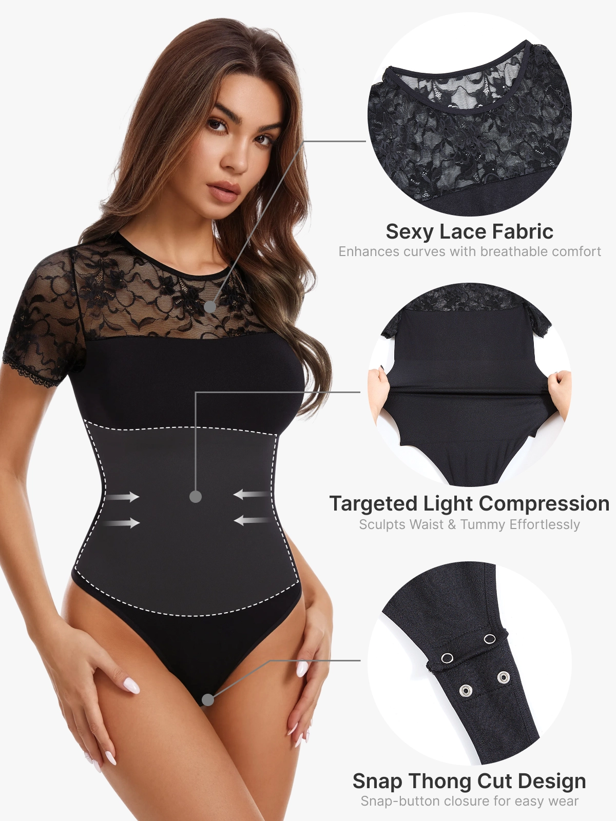 Women Seamless Lace Tummy Control Short Sleeves Thong Bodysuit