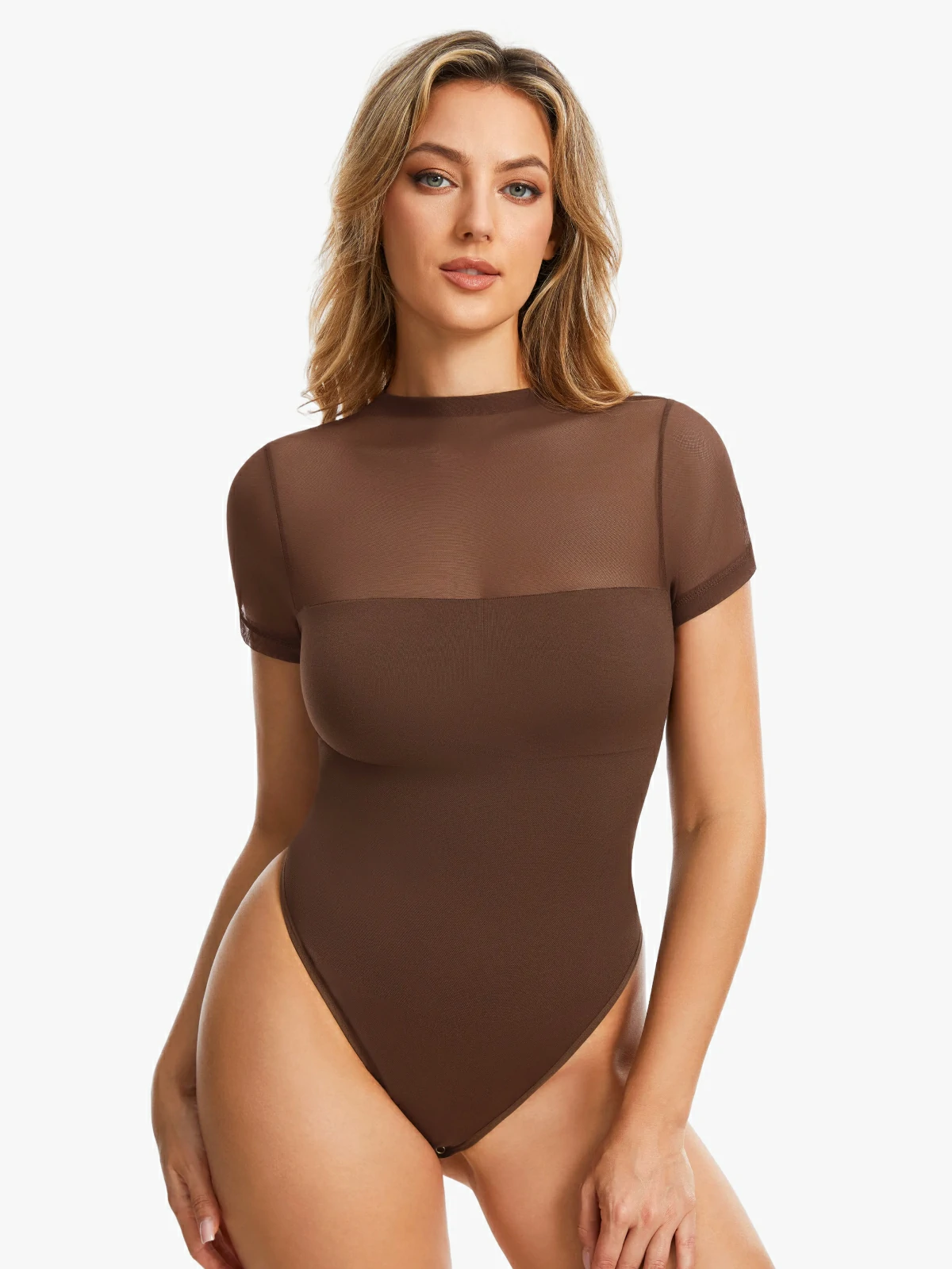 Women Sheer Mesh Mock Neck Thong Shapewear Bodysuit