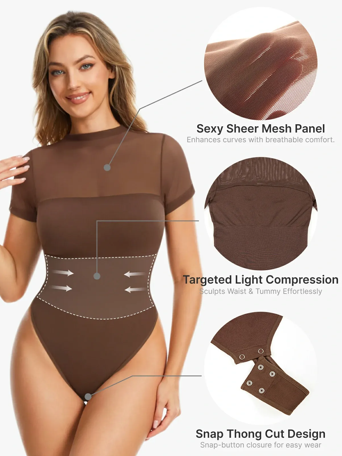 Women Sheer Mesh Mock Neck Thong Shapewear Bodysuit