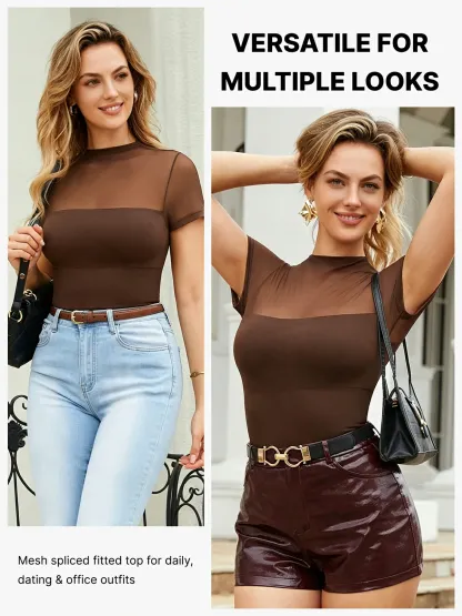 Women Sheer Mesh Mock Neck Thong Shapewear Bodysuit