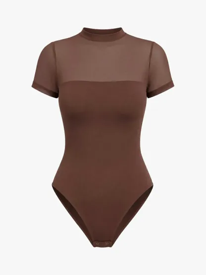 Women Sheer Mesh Mock Neck Thong Shapewear Bodysuit