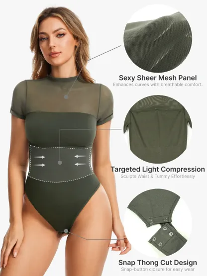 Women Sheer Mesh Mock Neck Thong Shapewear Bodysuit