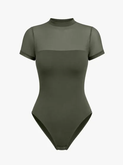 Women Sheer Mesh Mock Neck Thong Shapewear Bodysuit