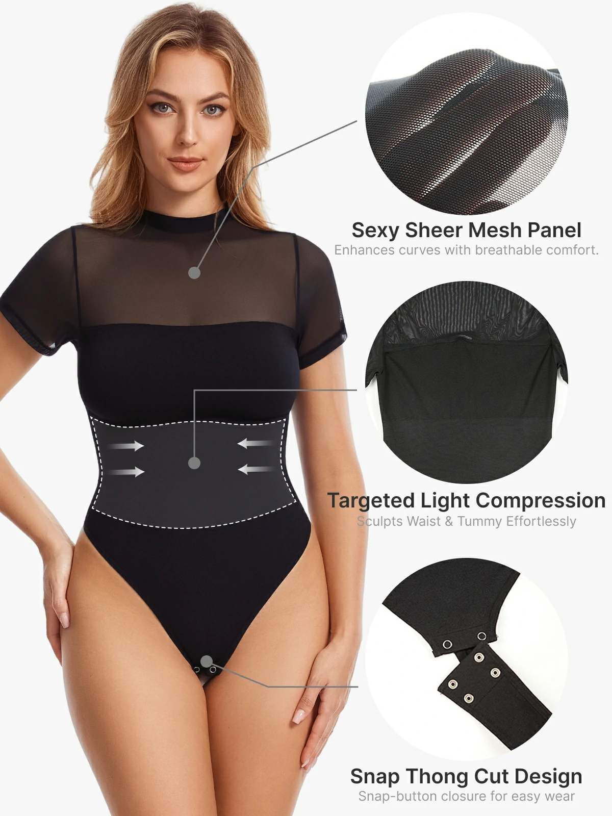 Women Sheer Mesh Mock Neck Thong Shapewear Bodysuit