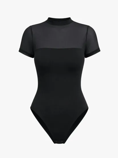Women Sheer Mesh Mock Neck Thong Shapewear Bodysuit