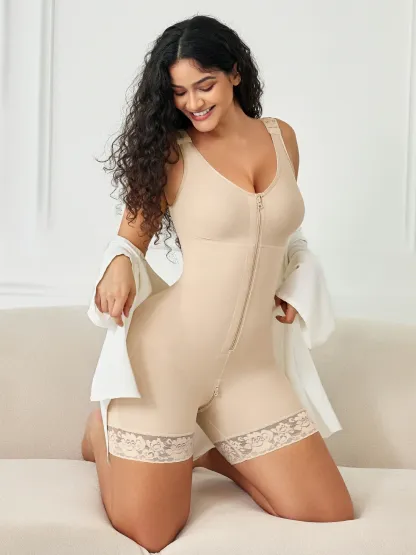 Women Full Coverage Mid-Thigh Bodysuit with Front Zipper