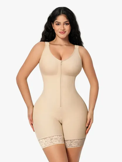 Women Full Coverage Mid-Thigh Bodysuit with Front Zipper