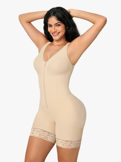 Women Full Coverage Mid-Thigh Bodysuit with Front Zipper