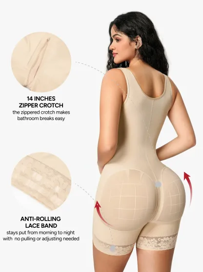 Women Full Coverage Mid-Thigh Bodysuit with Front Zipper