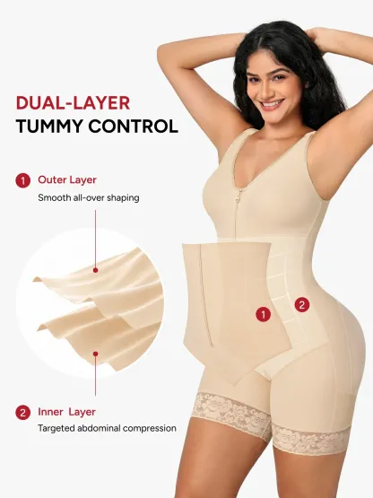 Women Full Coverage Mid-Thigh Bodysuit with Front Zipper