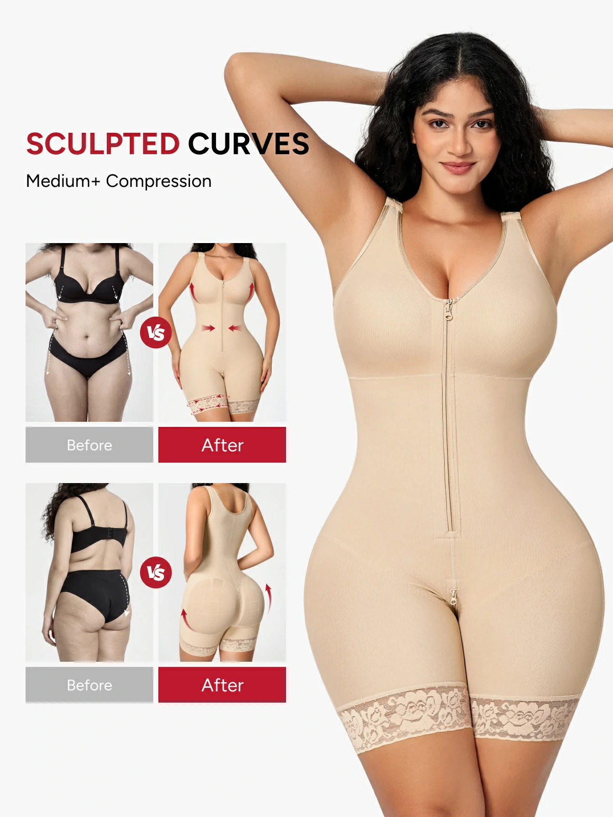 Women Full Coverage Mid-Thigh Bodysuit with Front Zipper