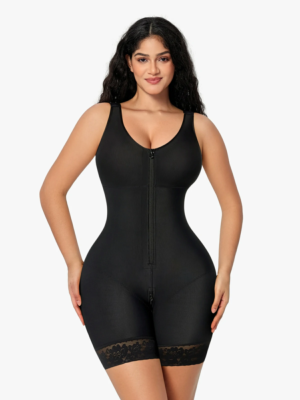 Women Full Coverage Mid-Thigh Bodysuit with Front Zipper