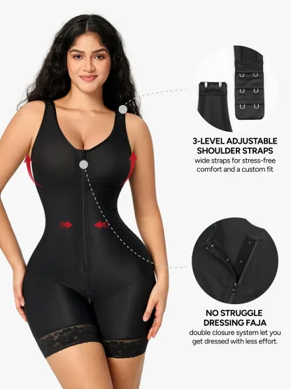 Women Full Coverage Mid-Thigh Bodysuit with Front Zipper
