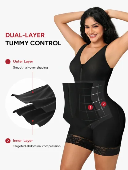 Women Full Coverage Mid-Thigh Bodysuit with Front Zipper