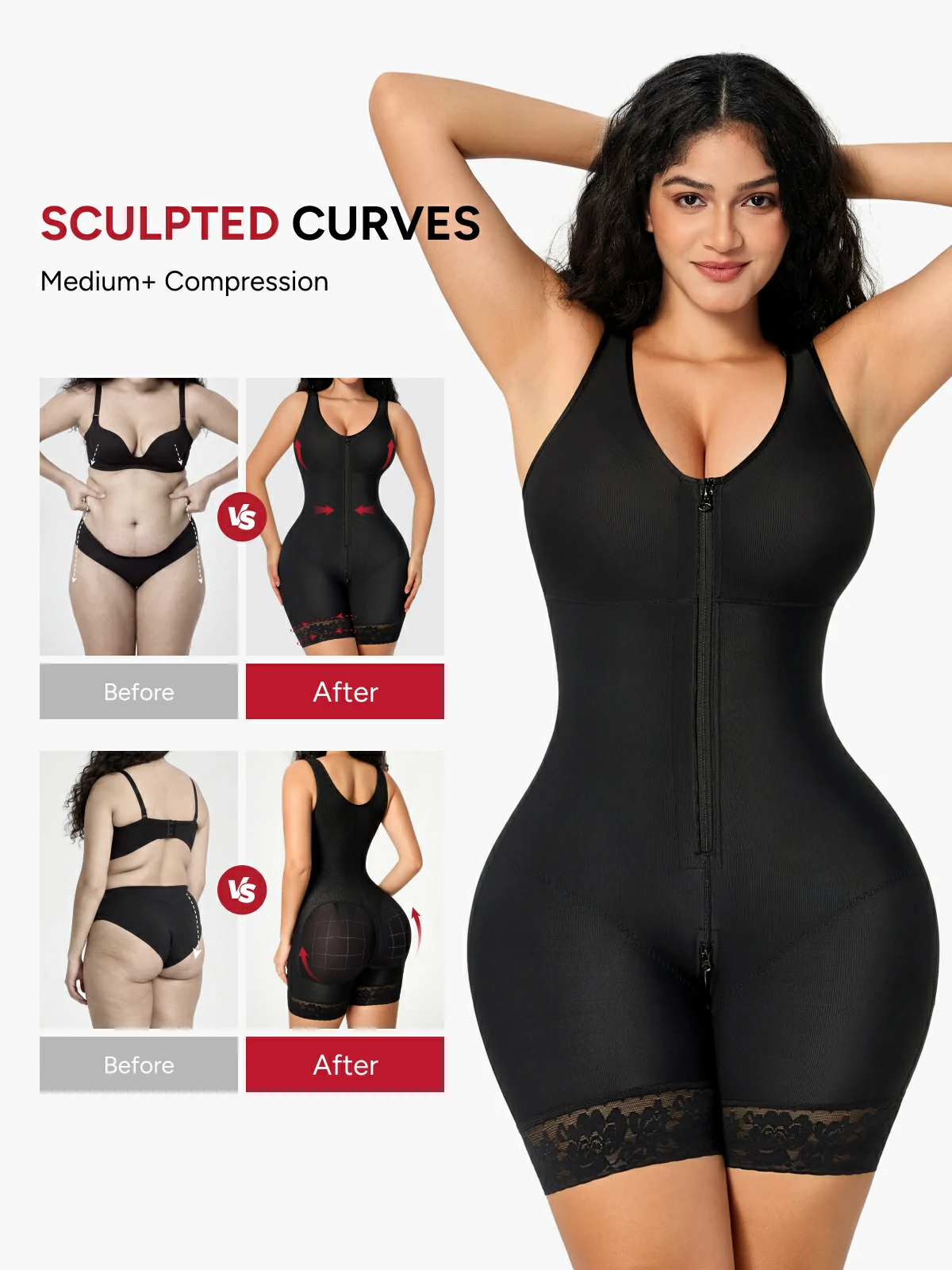 Women Full Coverage Mid-Thigh Bodysuit with Front Zipper