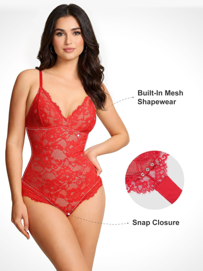 Lace Smoothing Plunge Cami Thong Bodysuit