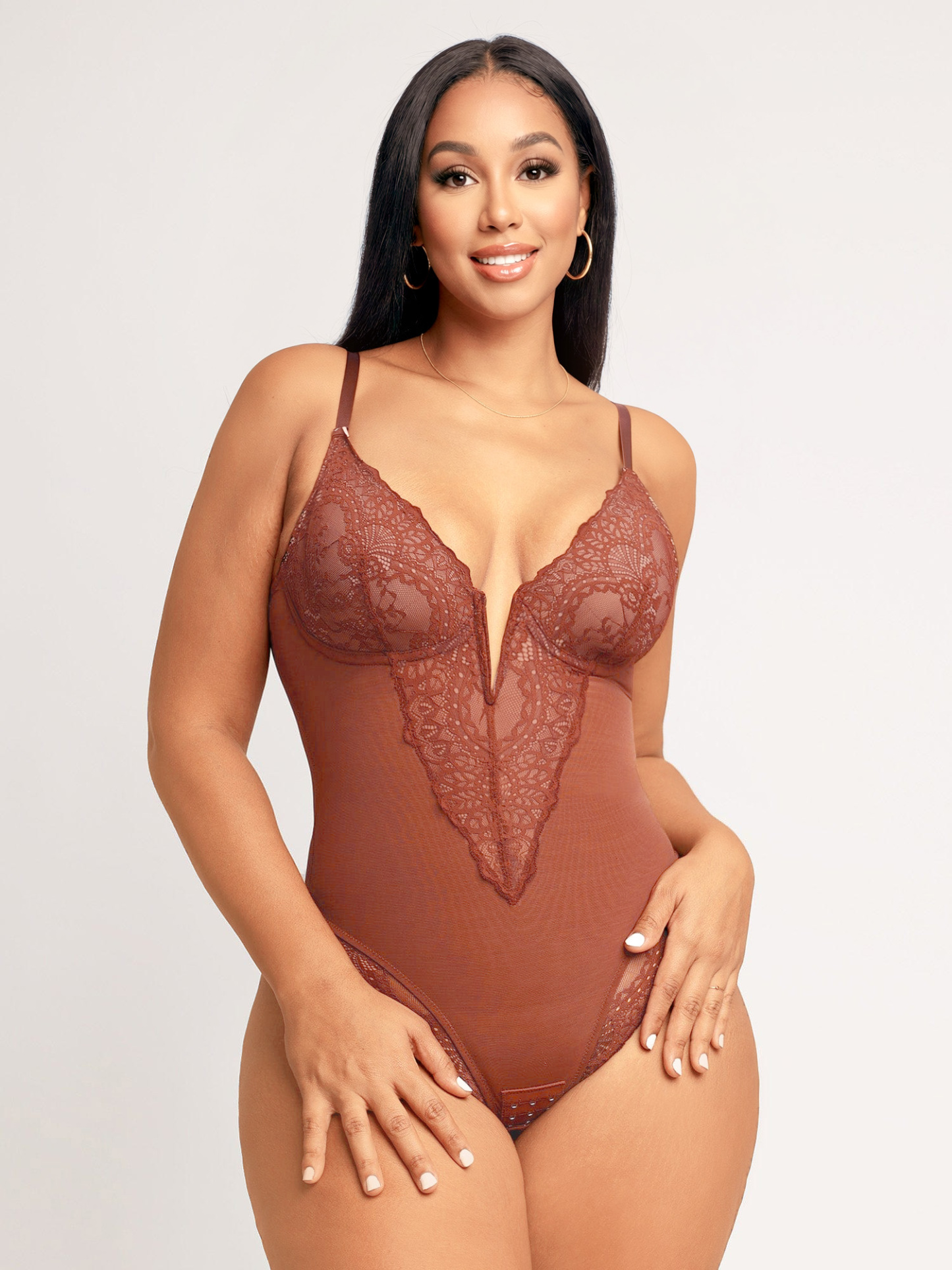 Lace Deep Plunge Cami Thong Bodysuit