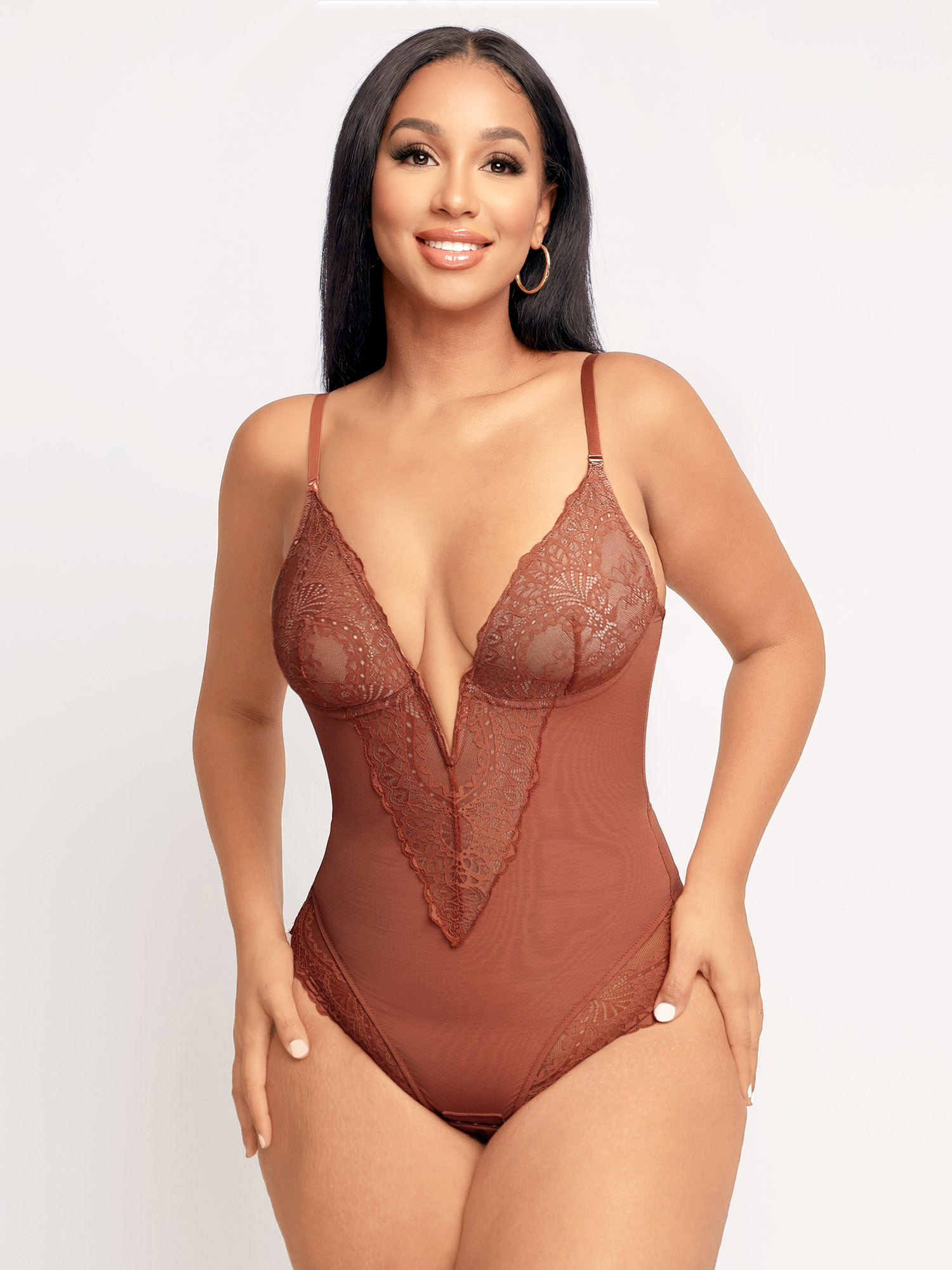 Lace Deep Plunge Cami Thong Bodysuit