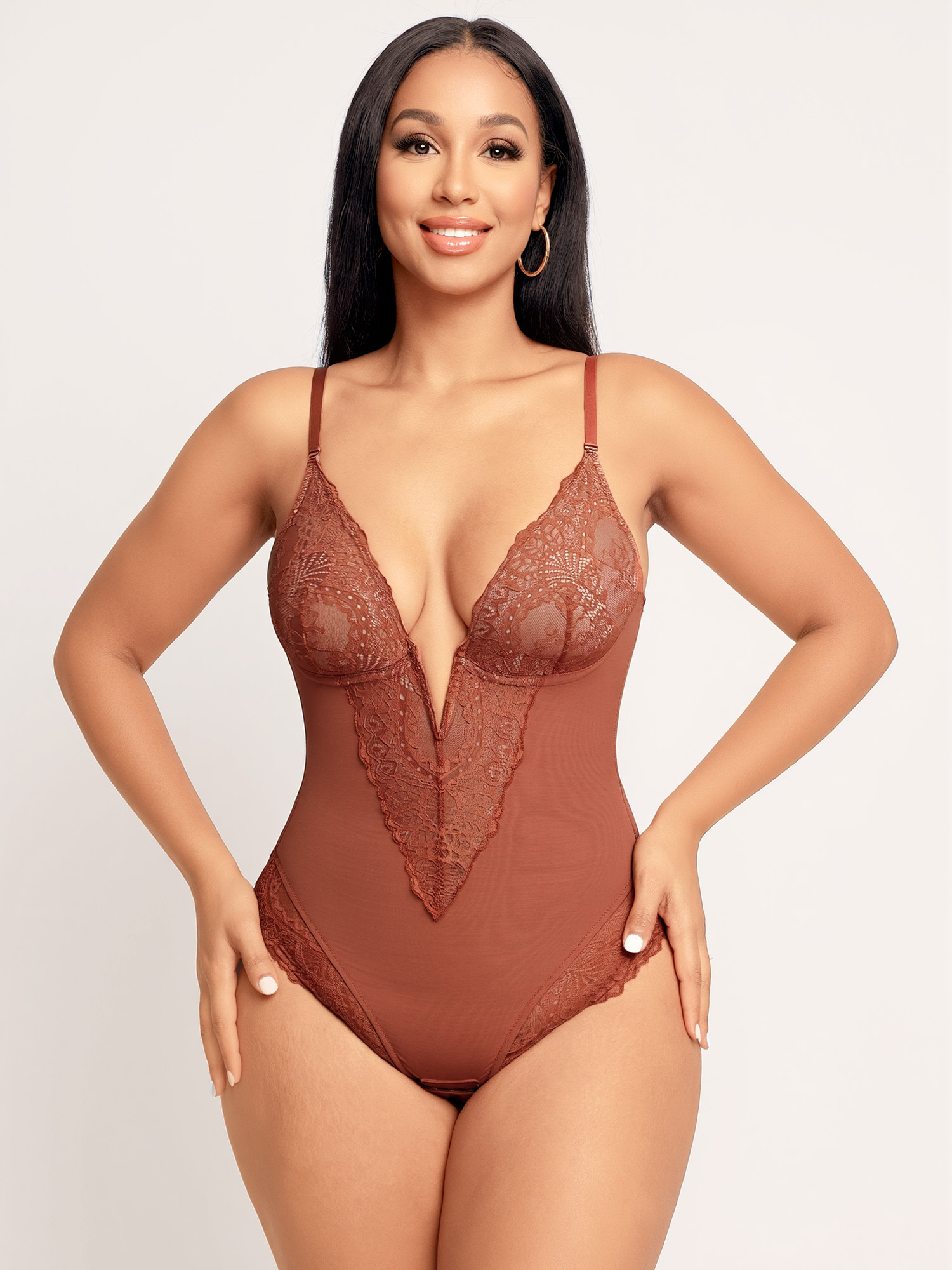Lace Deep Plunge Cami Thong Bodysuit