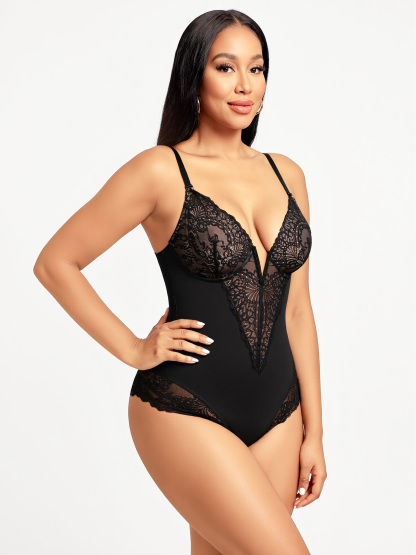 Lace Deep Plunge Cami Thong Bodysuit